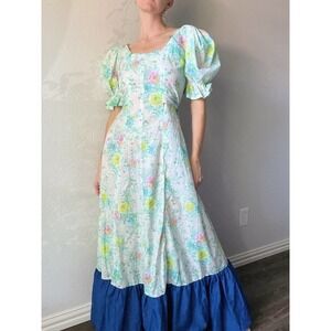 Vintage 1970's Cottage Core Blue Floral Puff Sleeve Maxi Dress